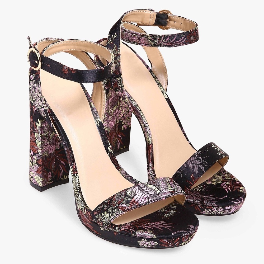 Black Embroidered Floral Heels